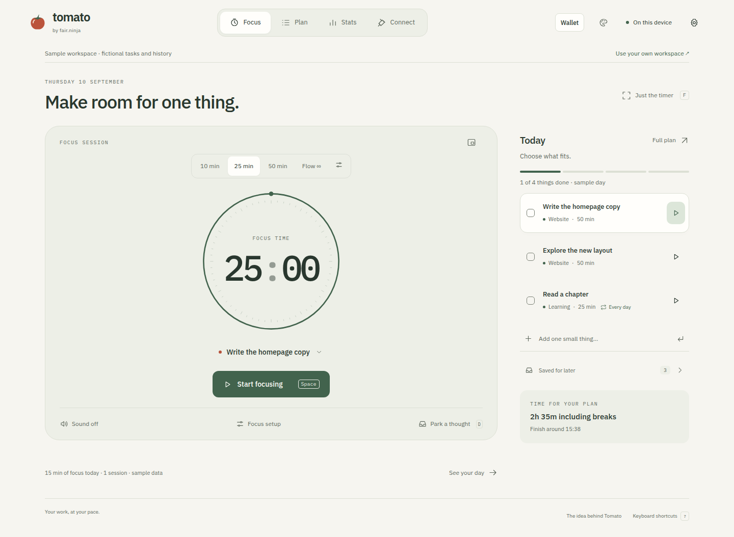 Tomato prototype showing its focus timer, task list and local workspace with fictional sample tasks
